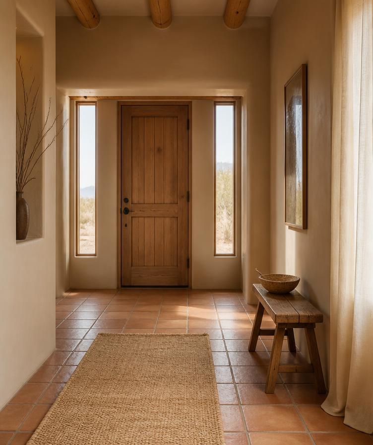 Adobe entryway with terracotta tile and linen curtains
