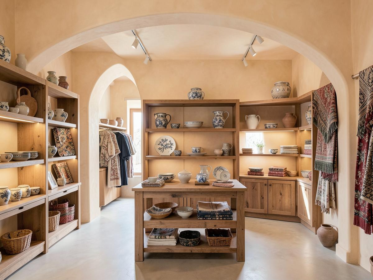 Boutique shop with plaster arches and oak display shelving