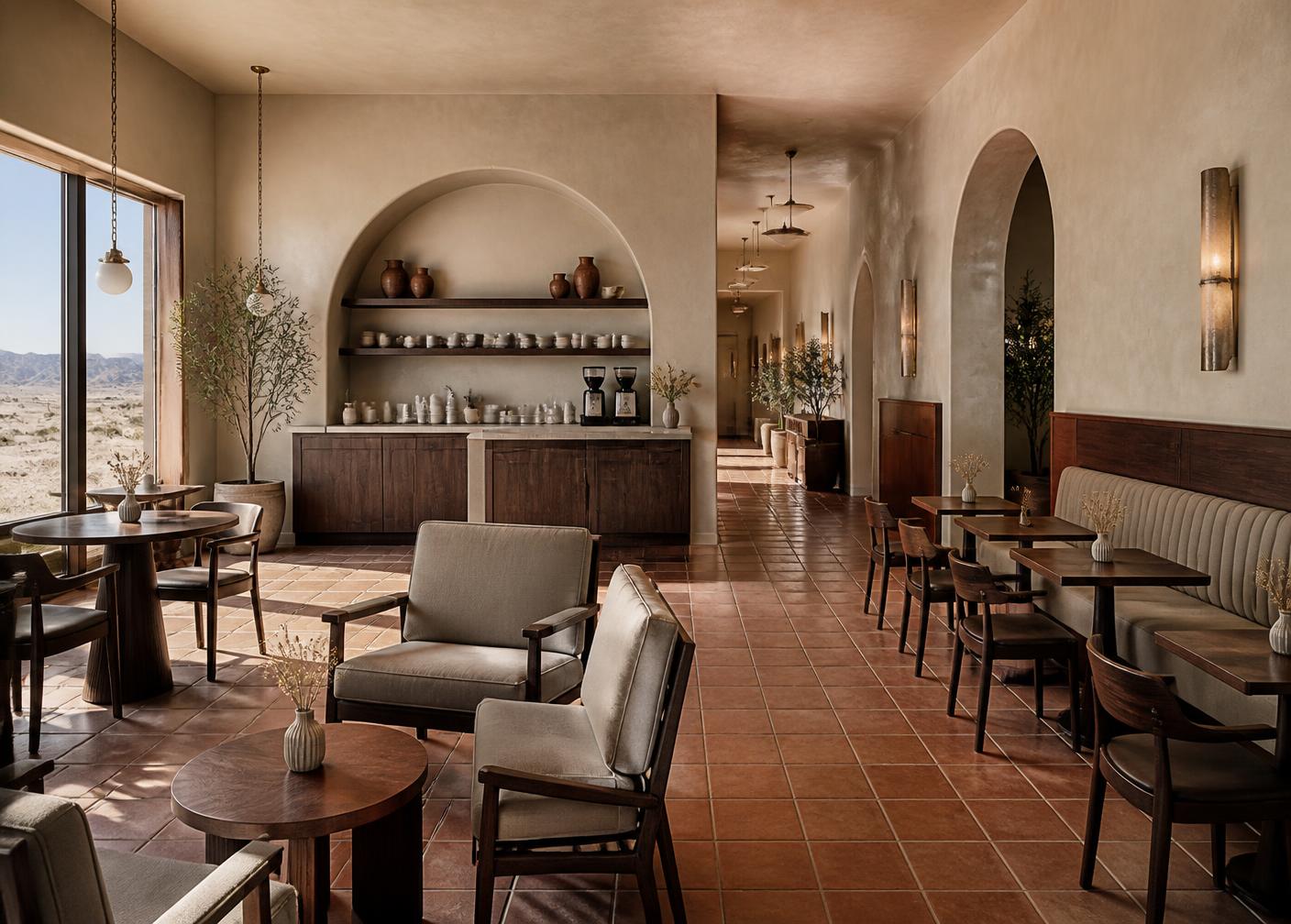 Refined desert cafe with plaster arches and walnut furniture