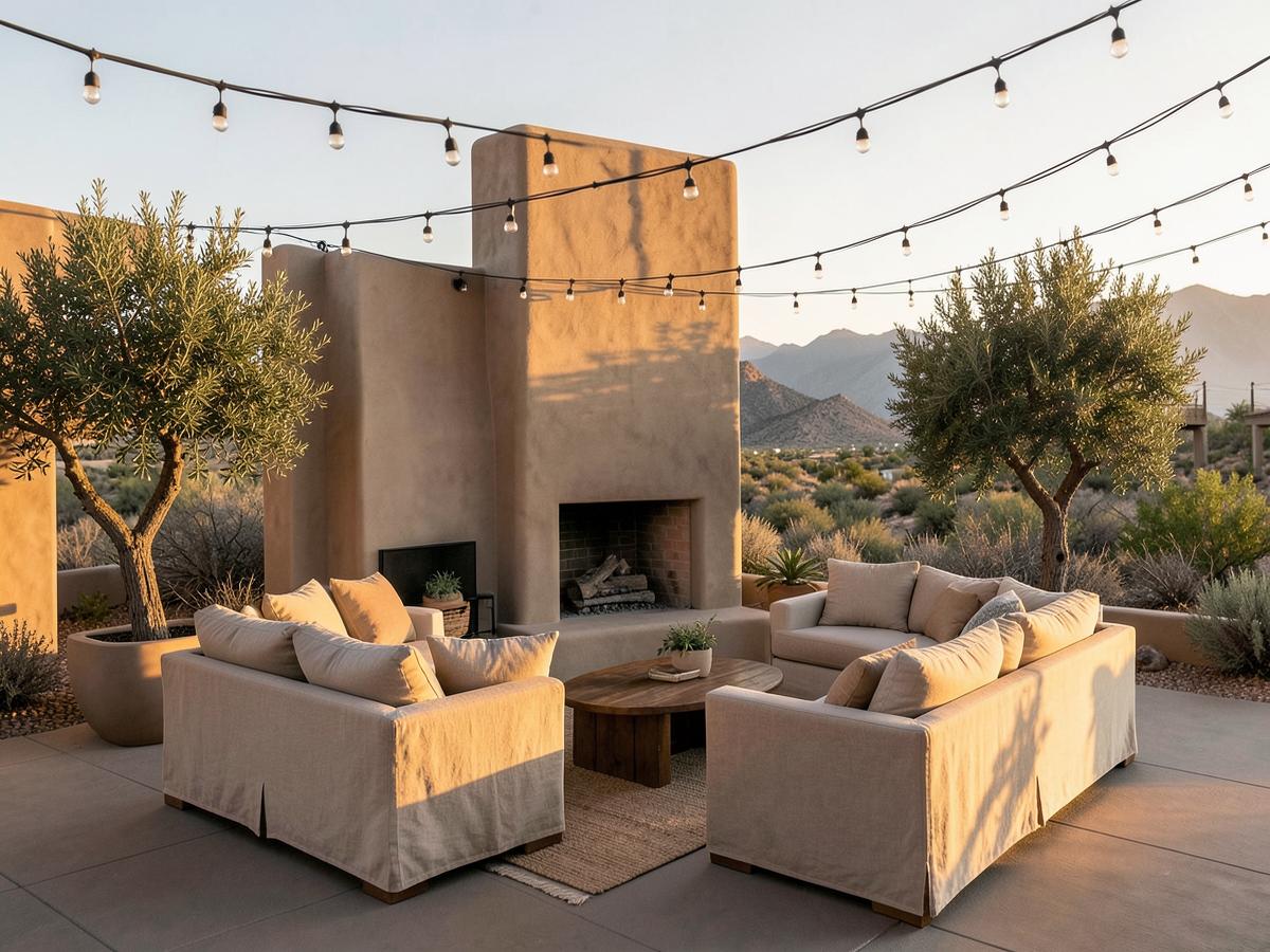 Outdoor patio lounge with plaster fireplace at golden hour