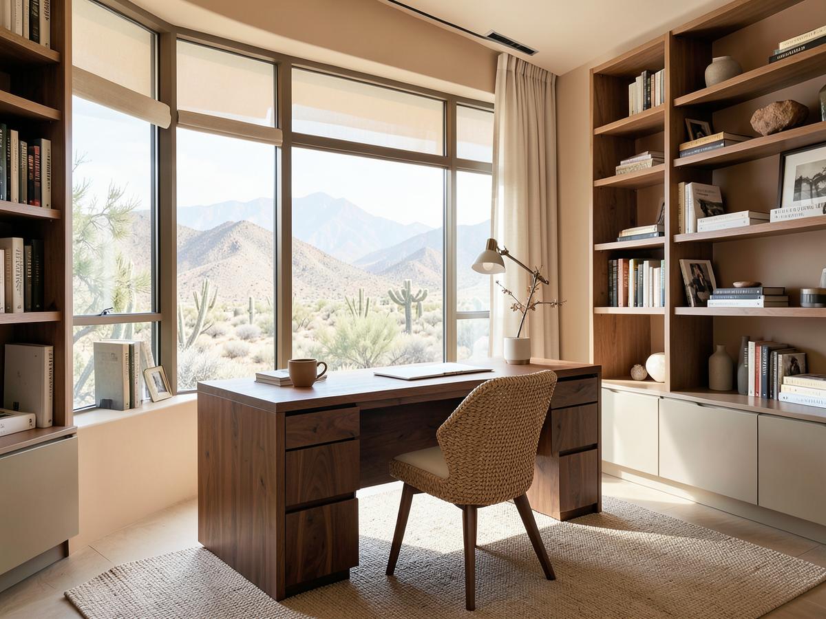 Walnut desk home office with bookshelves and desert view