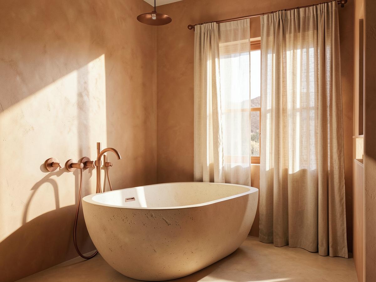 Warm plaster bathroom with a stone tub and copper fixtures