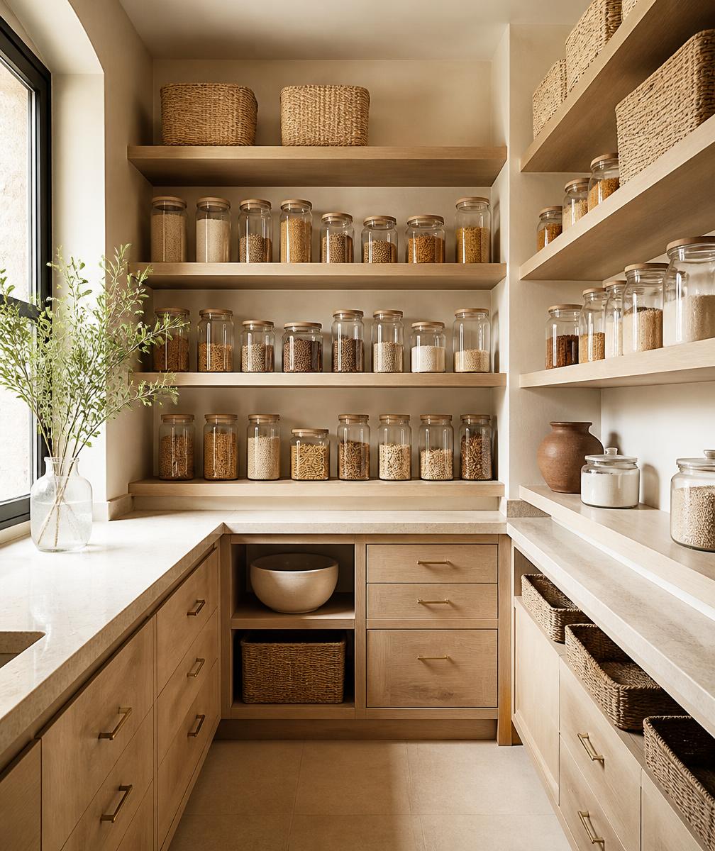 Beautifully organized light oak pantry
