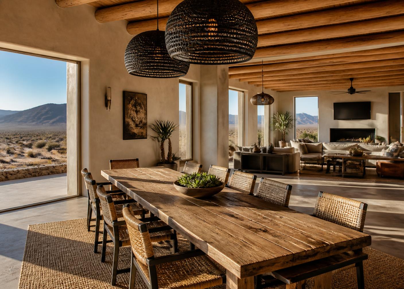 Warm vacation rental dining room with wide desert views