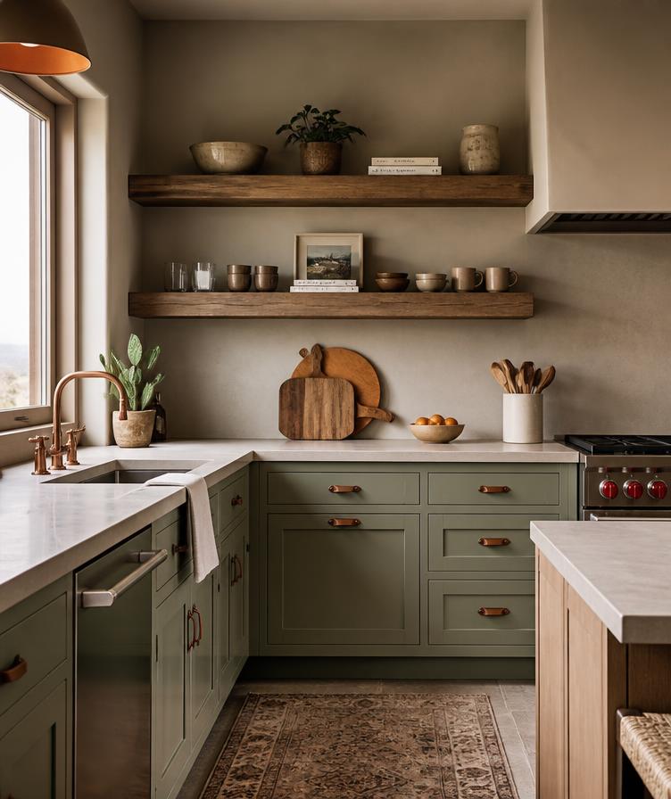 Sage kitchen with copper faucet and open shelving